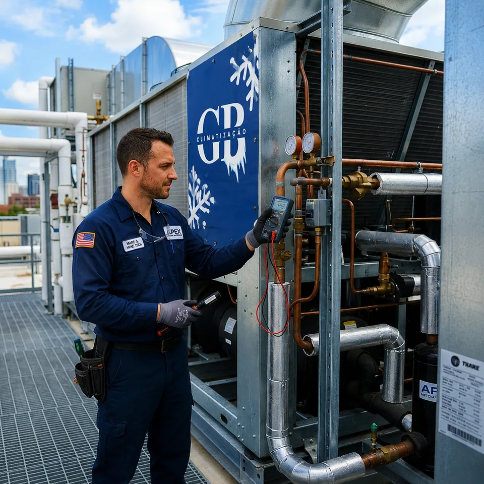 Técnico da GB Climatização realizando manutenção de ar-condicionado split na Baixada Santista